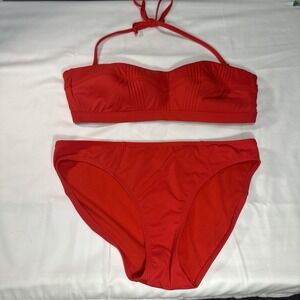 ATHLETA Women's Size M Red 2 Piece Athletic Bikini Strapless Swimsuit Mid Rise